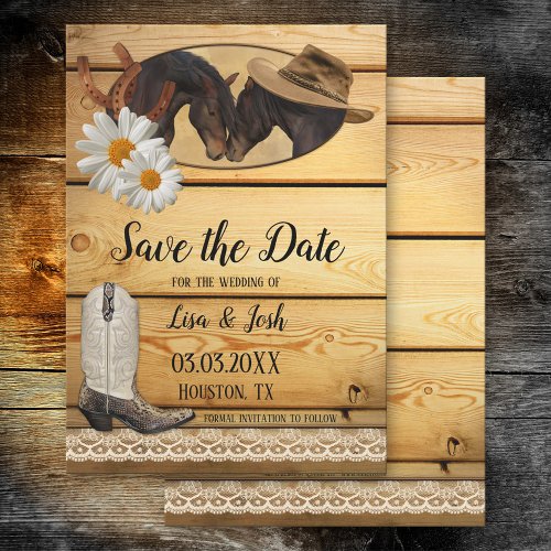 Country Horses Rustic Wood Lace Save the Date Card