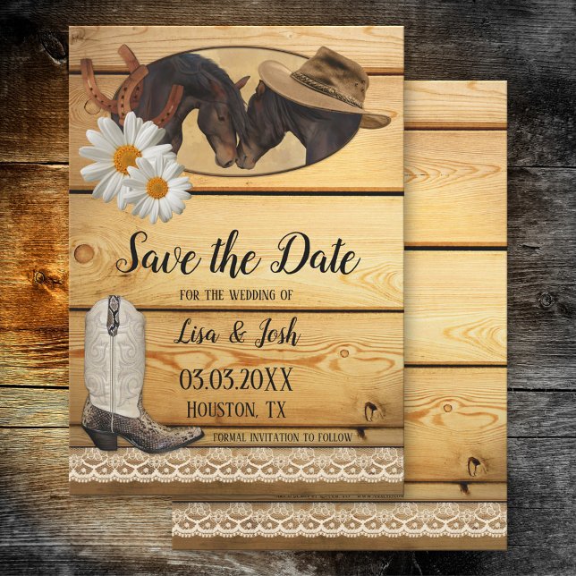 Country Horses Rustic Wood Lace Save the Date Card (Creator Uploaded)