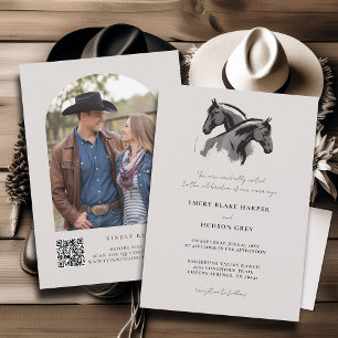 Country Horses Sketch Western Rustic Photo Wedding Invitation