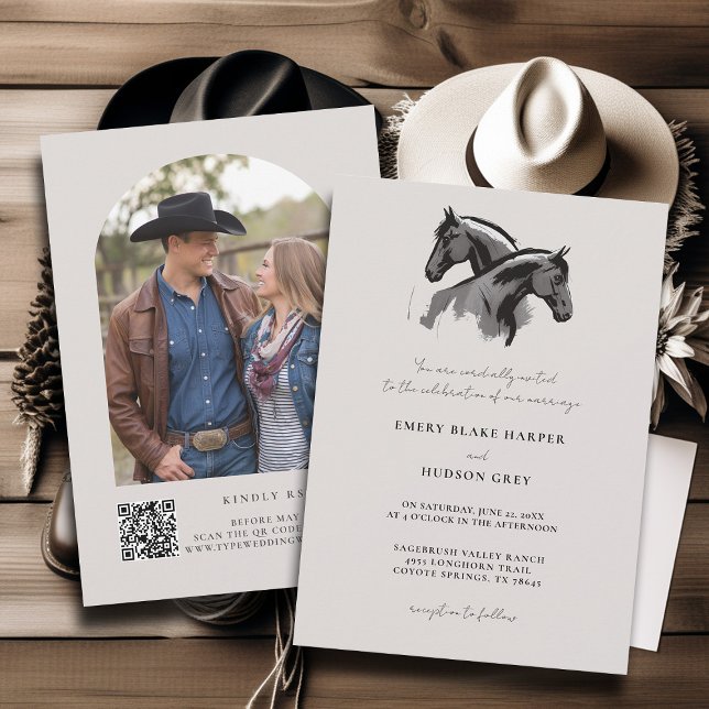 Country Horses Sketch Western Rustic Photo Wedding Invitation (country wedding invitation western cowboy horses art sketch black white ecru rustic modern)