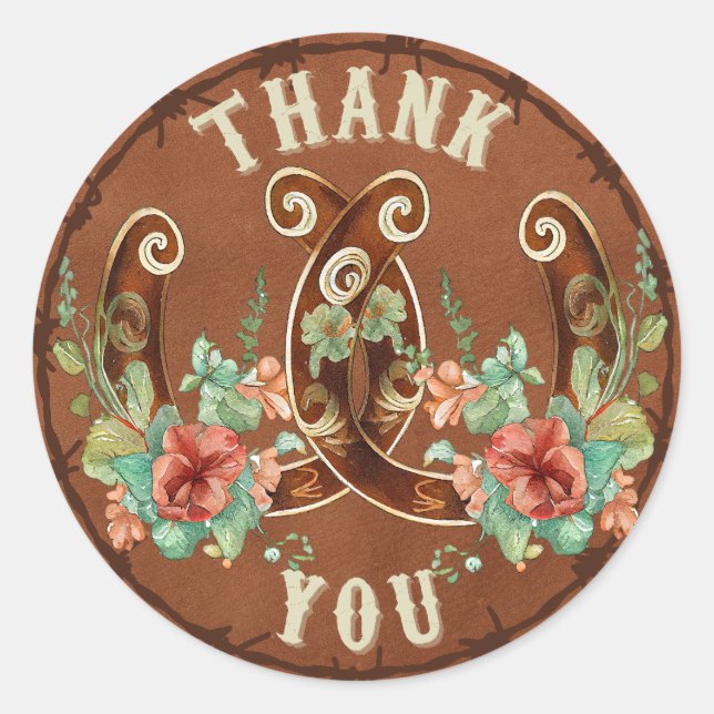 Country Horseshoe and Flowers Thank You Sticker (Front)