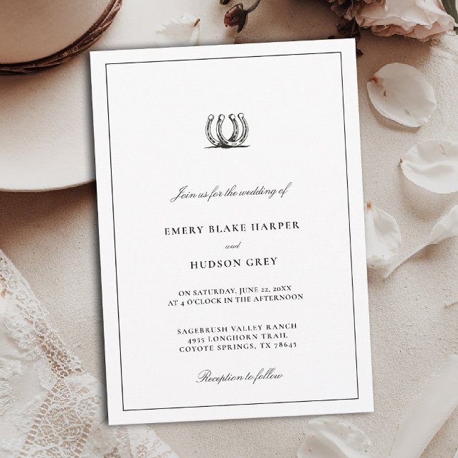 Country Horseshoe Frame Western Elegant BW Wedding Invitation (western wedding invitation cowboy country horseshoes horse lovers black white art sketch elegant)