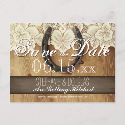 Country Horseshoe Lace Wedding Save the Date Announcement Postcard