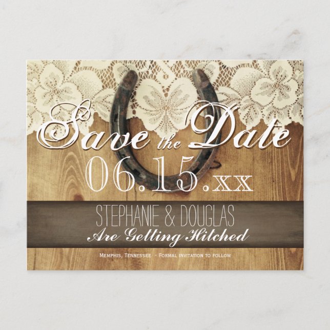 Country Horseshoe Lace Wedding Save the Date Announcement Postcard (Front)