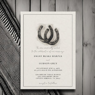 Country Horseshoes Art Western Elegant BW Wedding Invitation