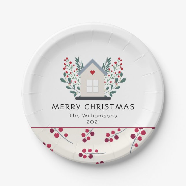 Country House and Berries Family Name Holiday Paper Plates (Front)