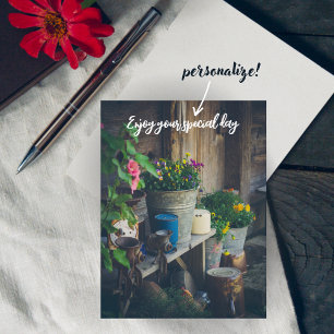 Country house porch adorned with vibrant pansies holiday postcard