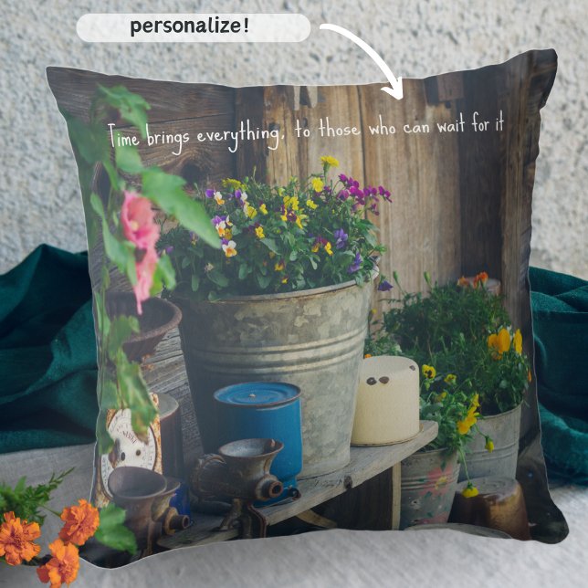 Country house porch adorned with vibrant pansies throw pillow (Creator Uploaded)