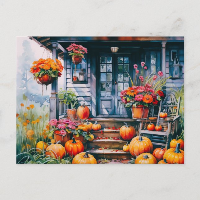 Country House with Pumpkins and Flowers Halloween Holiday Postcard (Front)