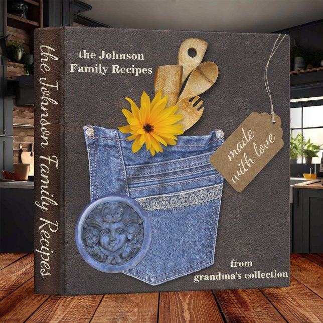 Country Jeans Scrapbook Family Recipe Binder (Recipe binder featuring a leather look with scrapbook design with a jeans back pocket with cutlery)