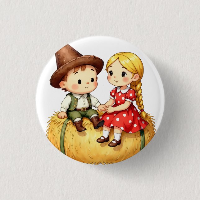 Country Kids on a Hay Bale Button (Front)