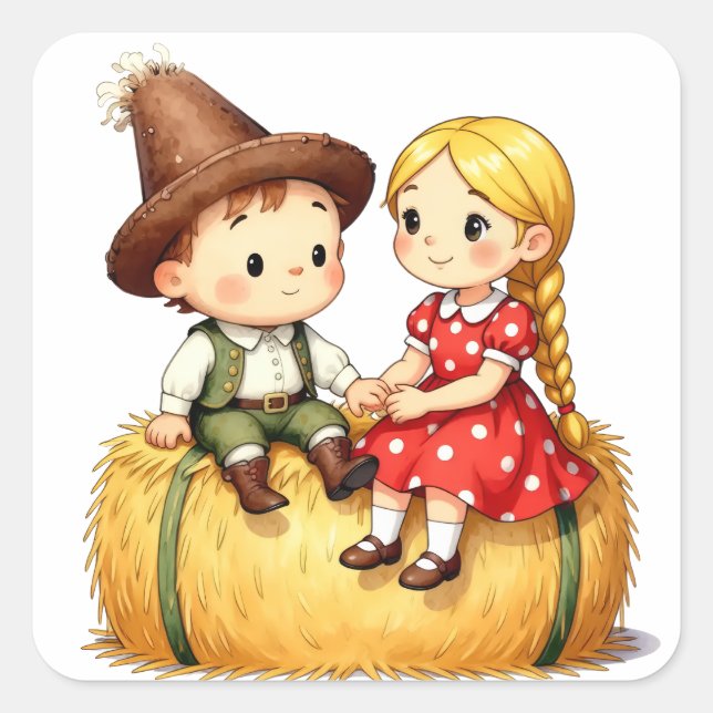 Country Kids on a Hay Bale Square Sticker (Front)