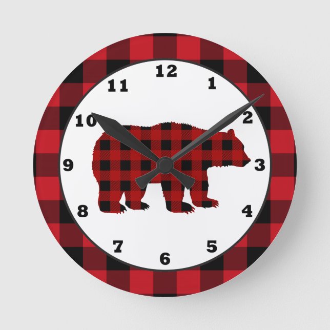 Country kitchen buffalo plaid bear clock (Front)