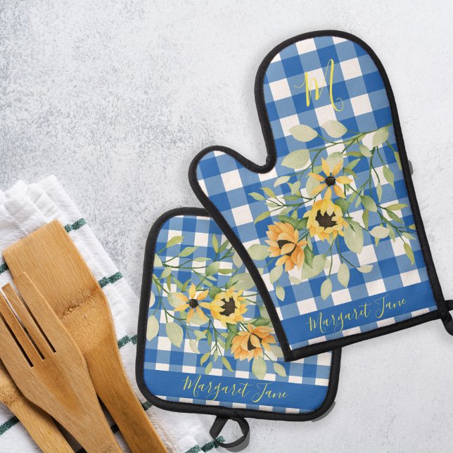 Country kitchen floral monogram name plaid blue oven mitt & pot holder set (Creator Uploaded)