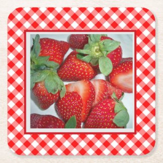 Country Kitchen, Gingham and Strawberries Square Paper Coaster