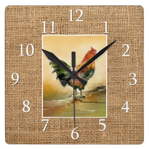 Country Kitchen Rooster Rustic Burlap Farmhouse Square Wall Clock