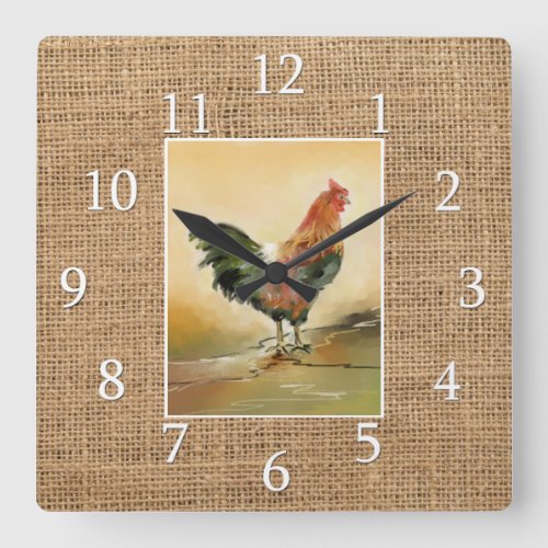 Country Kitchen Rooster Rustic Burlap Farmhouse Square Wall Clock