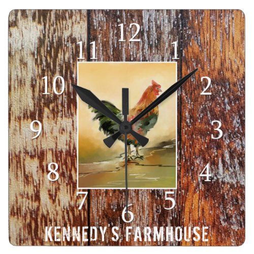 Country Kitchen Rooster Rustic Wood Farmhouse Name Square Wall Clock