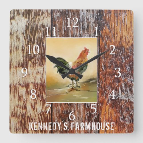 Country Kitchen Rooster Rustic Wood Farmhouse Name Square Wall Clock