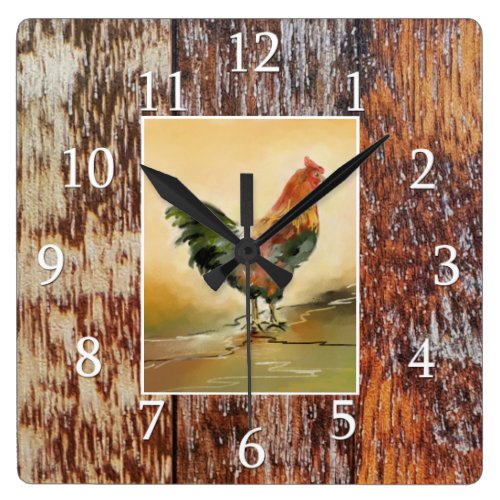 Country Kitchen Rooster Rustic Wood Farmhouse Square Wall Clock