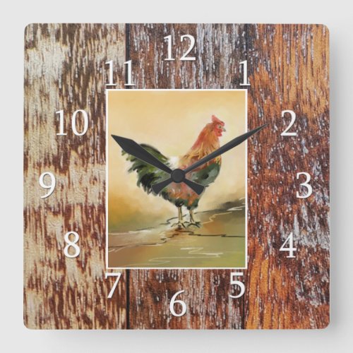 Country Kitchen Rooster Rustic Wood Farmhouse Square Wall Clock