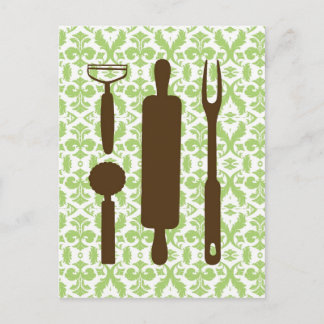 Country Kitchen - Utensils on damask. Postcard