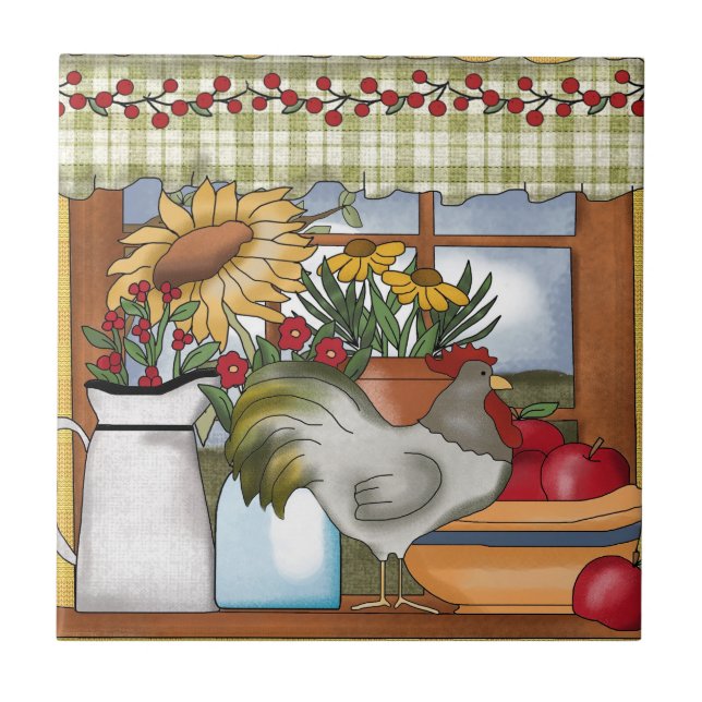Country Kitchen Window, Rooster Ceramic Tile (Front)