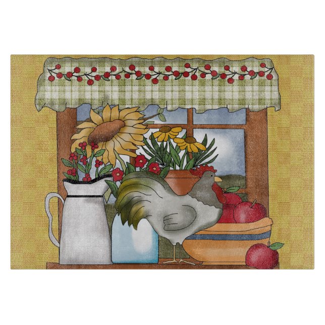 Country Kitchen Window, Rooster Cutting Board (Front)