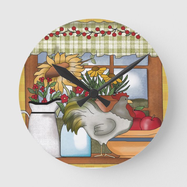 Country Kitchen Window, Rooster Round Clock (Front)