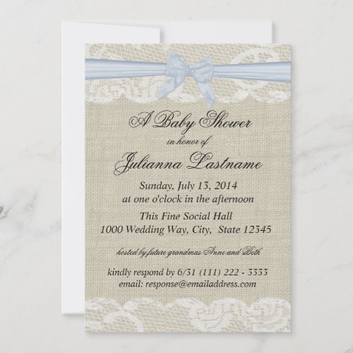 Country Lace and Burlap with Baby Blue Bow Shower Invitation