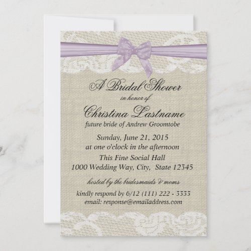 Country Lace and Burlap with Lavender Bow Shower Custom Invitations