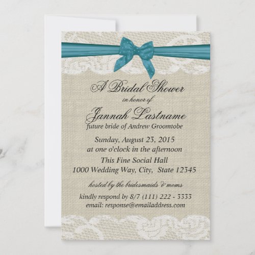 Country Lace and Burlap with Turquoise Bow Shower Personalized Announcements