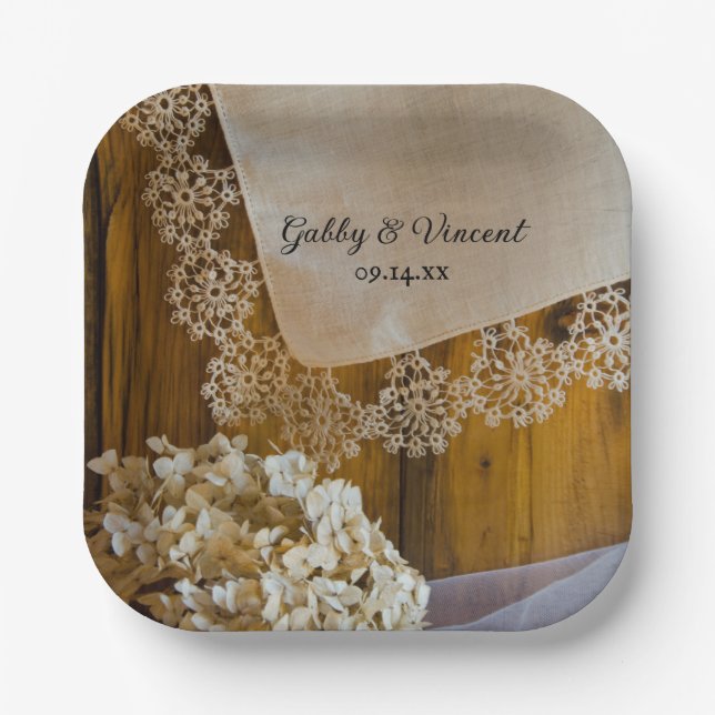 Country Lace and Flowers Barn Wedding Paper Plates (Front)