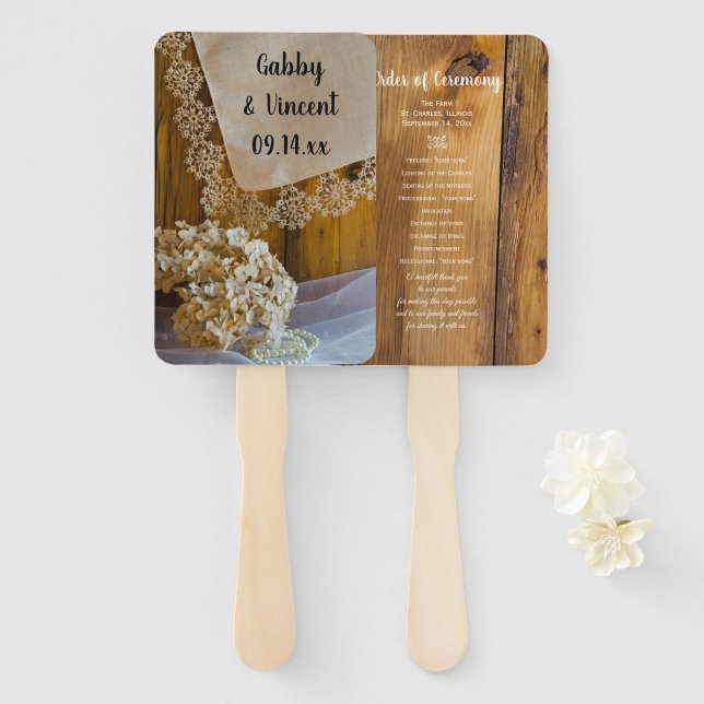 Country Lace and Flowers Barn Wedding Programs Hand Fan (Front and Back)