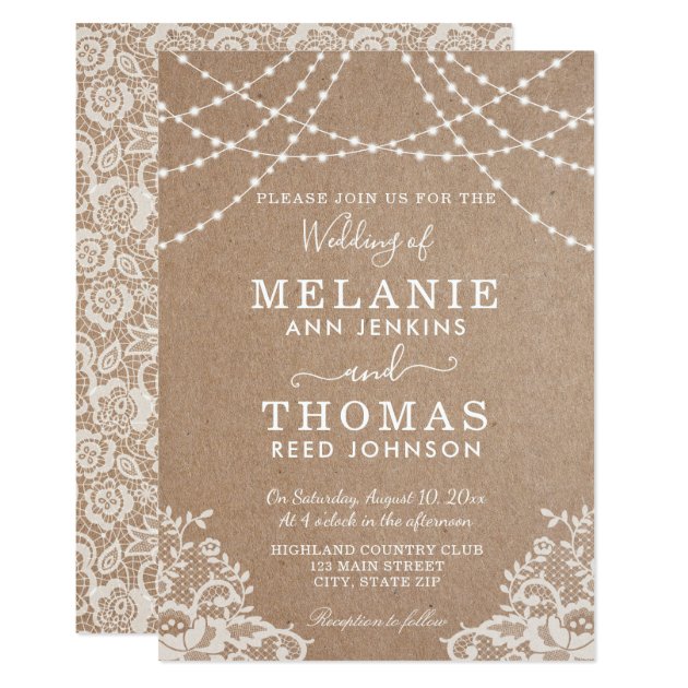 Country Lace And Kraft Wedding Invitation, Rustic Card