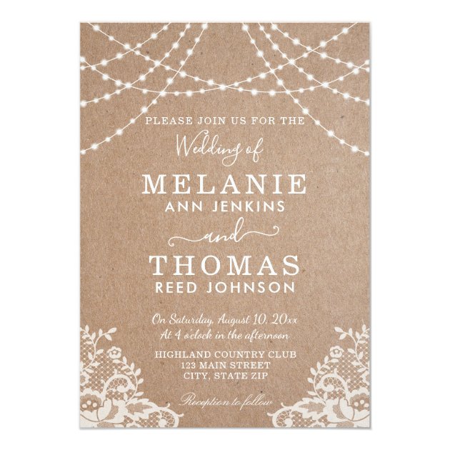 Country Lace And Kraft Wedding Invitation, Rustic Card