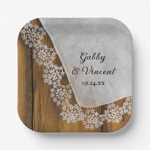 Country Lace and Rustic Barn Wood Wedding Paper Plates