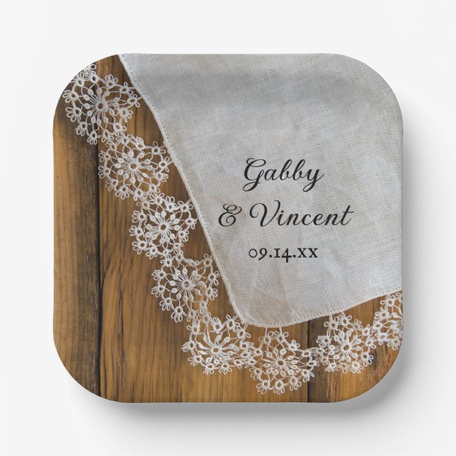 Country Lace and Rustic Barn Wood Wedding Paper Plates (Front)