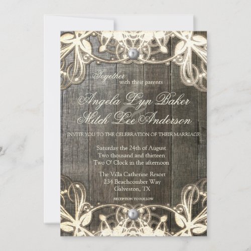 Country Lace and Wood Rustic Wedding Invitation