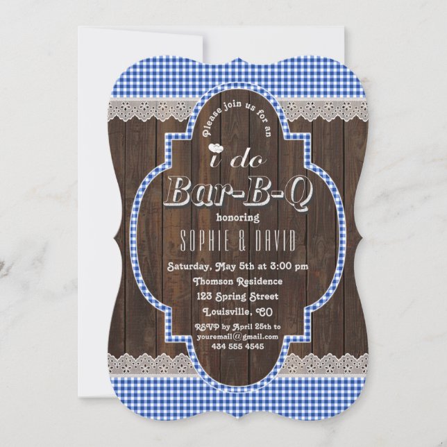 Country Lace Blue Gingham Old Wood I DO BBQ Invite (Front)