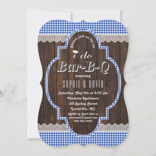 Country Lace Blue Gingham Old Wood I DO BBQ Invite