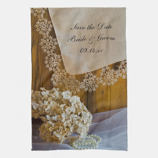 Country Lace Flowers Barn Wedding Save the Date Kitchen Towel (Vertical)