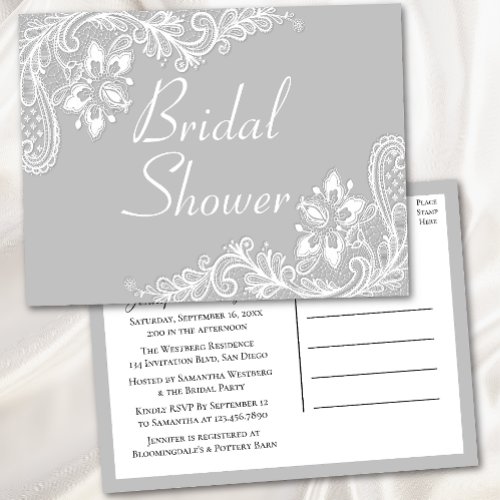 Country Lace Gray White Lacy Elegant Bridal Shower Invitation Postcard