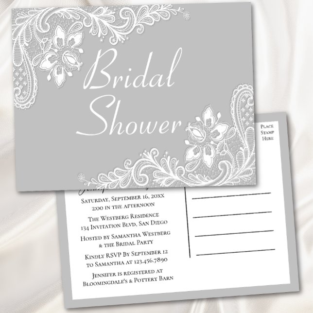 Country Lace Gray White Lacy Elegant Bridal Shower Invitation Postcard (Creator Uploaded)
