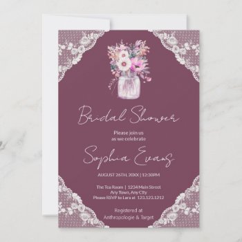 Country Lace Mason Jar Burgundy Bridal Shower Invitation by Wedding_Planning_101 at Zazzle