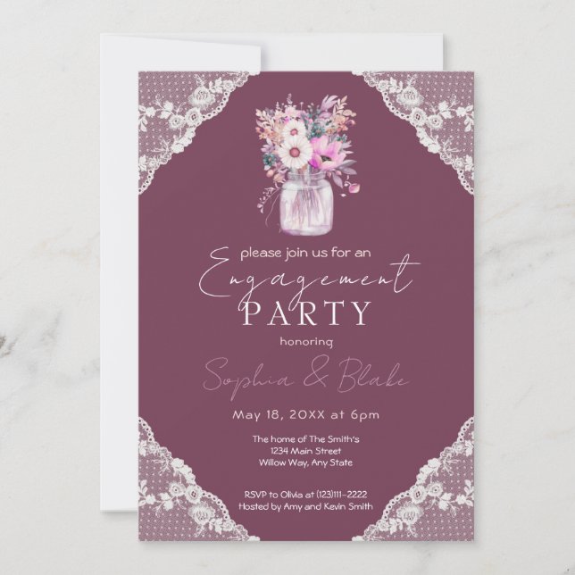 Country Lace Mason Jar Burgundy Engagement Party Invitation (Front)