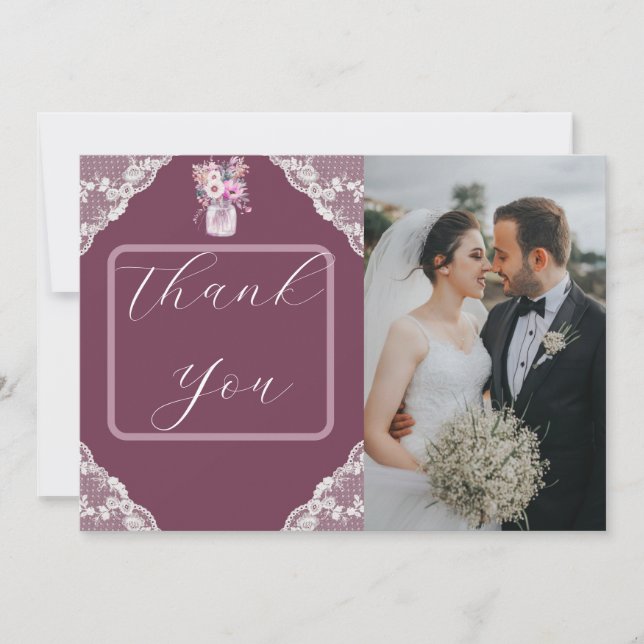 Country Lace Mason Jar Burgundy Thank You Card (Front)