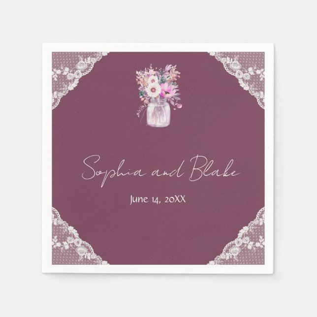 Country Lace Mason Jar Burgundy Wedding Napkins (Front)