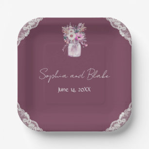 Country Lace Mason Jar Burgundy Wedding Paper Plates