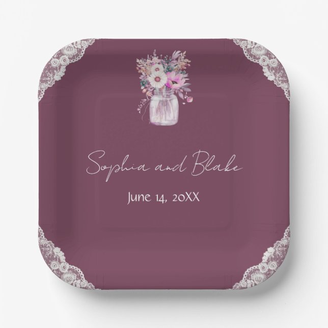 Country Lace Mason Jar Burgundy Wedding Paper Plates (Front)